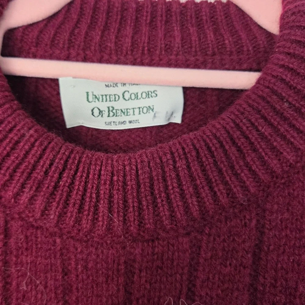 Vintage United Colors of Benetton Shetland Wool Sweater Burgundy Fair Isle Large